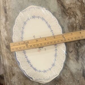 Scalloped Cream Serving Platter with Blue Floral Wreath